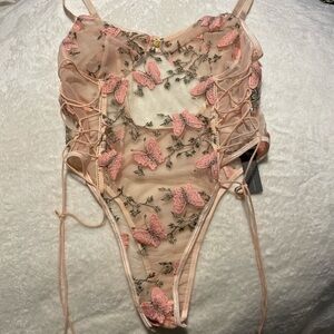 Sheer Blush Butterfly Embroidered Lace-Up Teddy Bodysuit | NWT